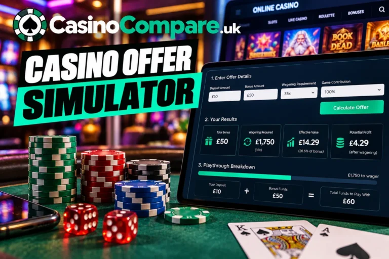 Casino Offer Simulator from Casino Compare showing deposit, bonus, wagering and estimated value results